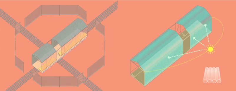 Diagrammatic visualization of sunlight-driven aeration and modular adaptability within the pavilion system.
