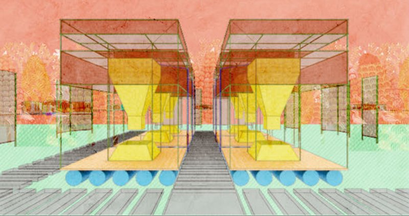 A geometric, glass-walled assembly housing bio-reactive chambers that visually express the purification process.