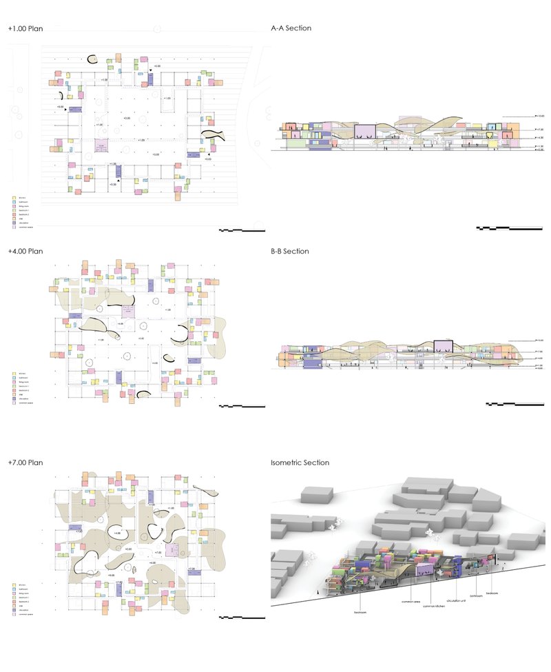 Floor plans and sectional drawings illustrate the project’s evolving typologies—showing how modular units, platforms, and open grids adapt to residents’ needs.