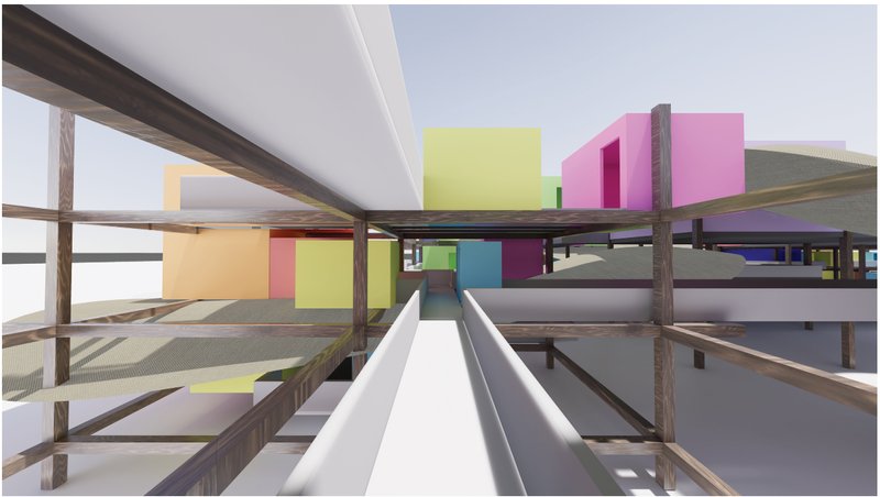 View through the modular grid structure highlighting vibrant housing units and adaptive living layers that promote openness and human connection.