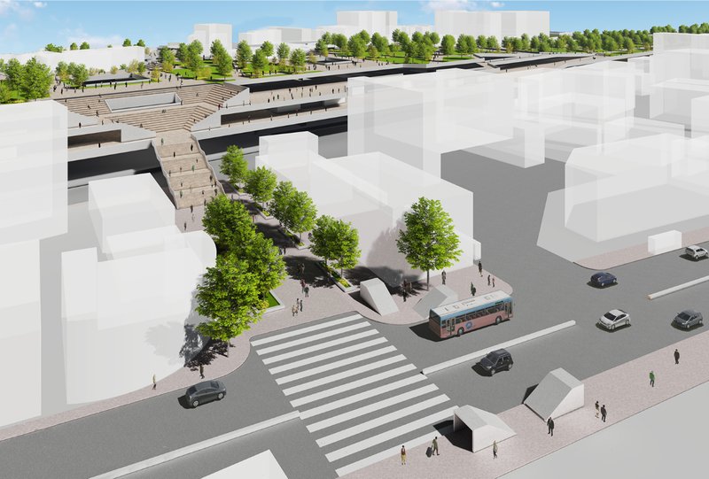 Aerial view of Andheri Station’s elevated plaza integrating transport, landscape, and pedestrian circulation.