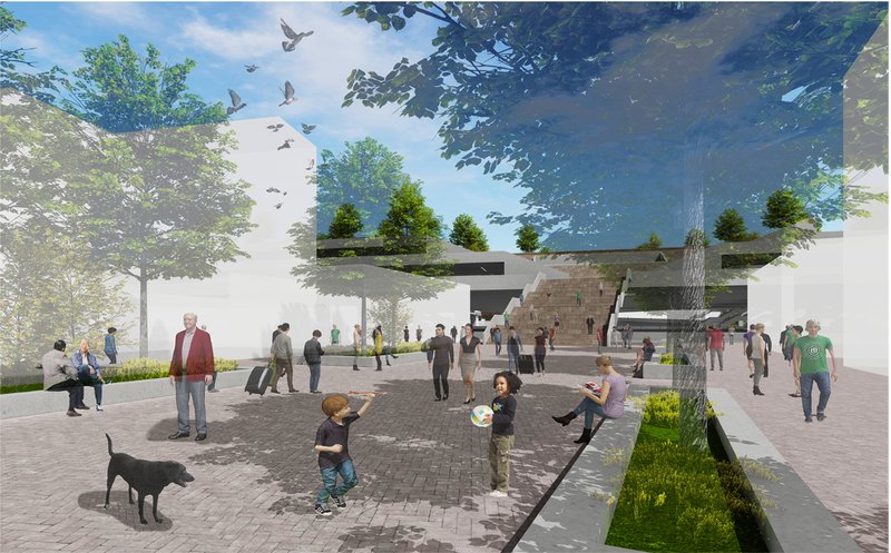 The redesigned West Plaza promotes walkability and access through green corridors and open civic spaces.