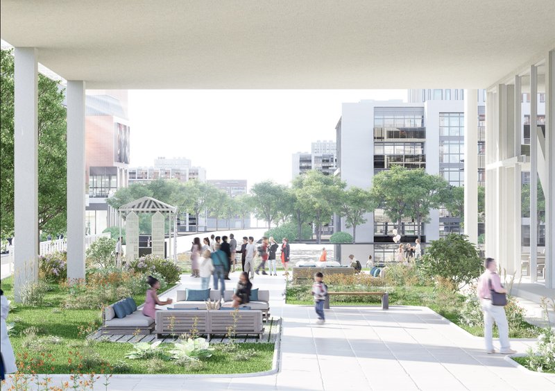 A green social plaza that connects the church with the city through open, inclusive gathering spaces.