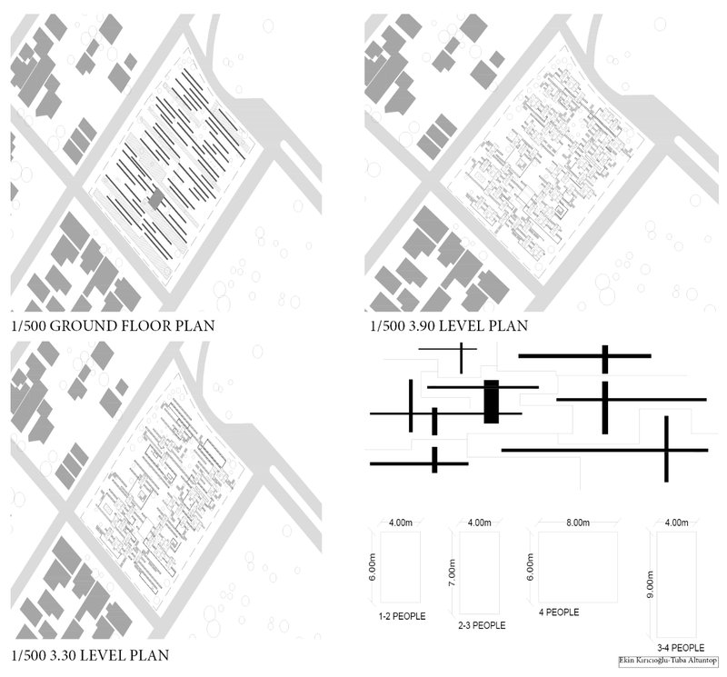 Detailed level and floor plans show modular housing typologies designed for flexible occupancy, optimizing density and daylight access.