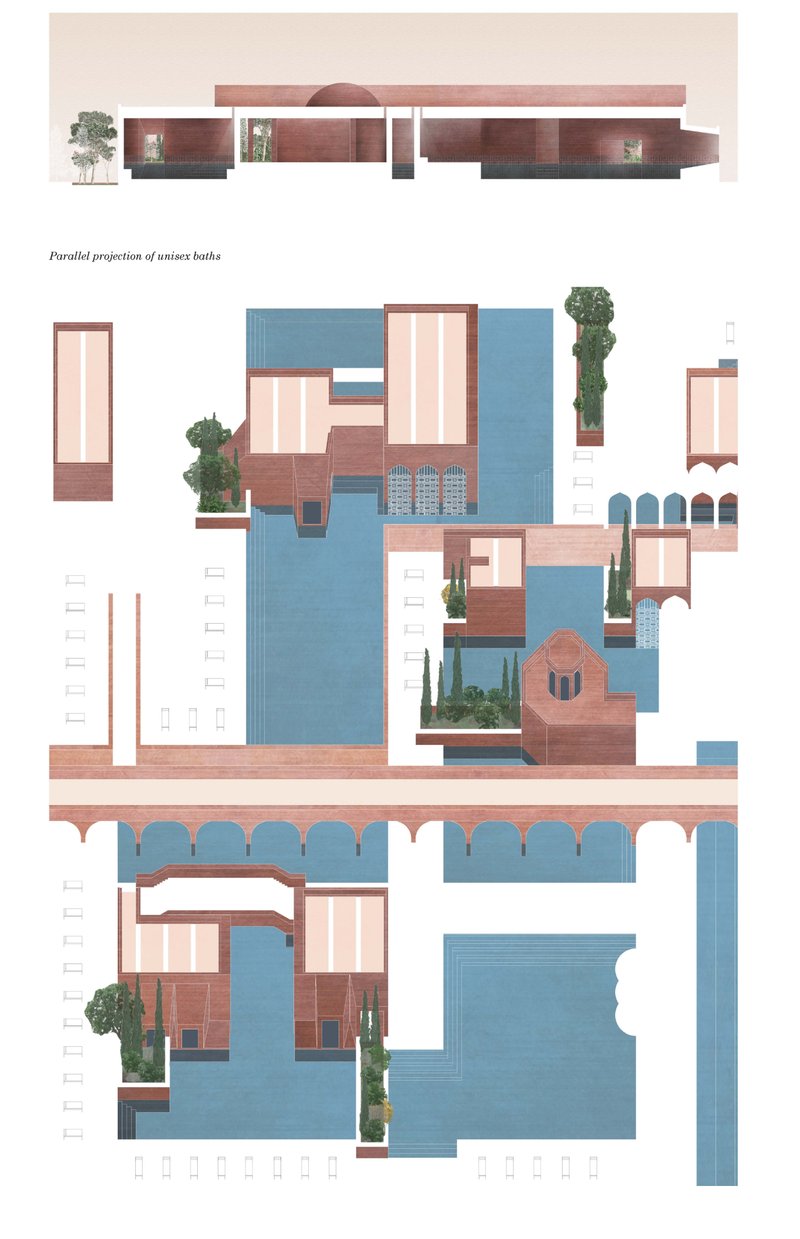 Parallel projection of the unisex baths reveals the project’s spatial composition and courtyard hierarchy.