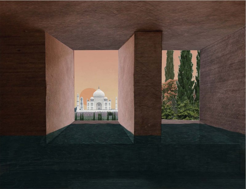 A framed vista toward the Taj Mahal — the architecture becomes a threshold between ritual and reflection.