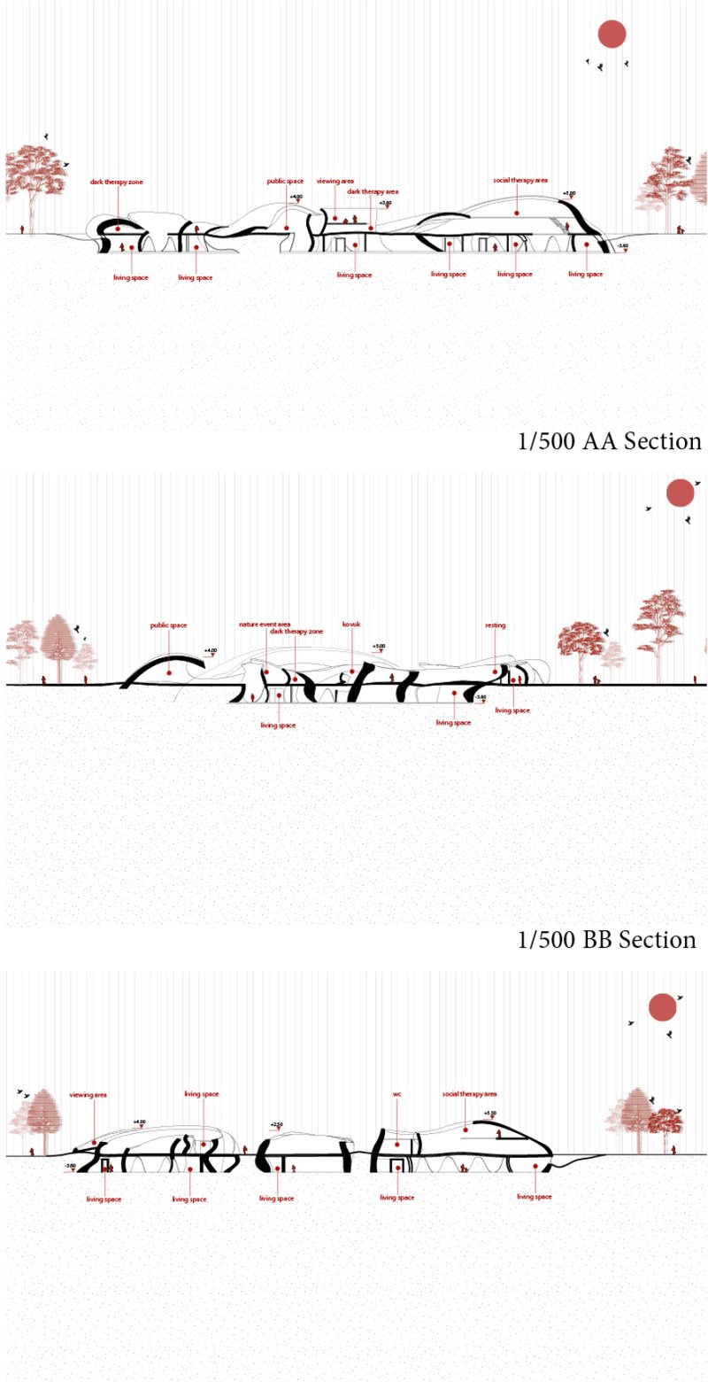 Sectional studies reveal the depth of terrain integration — illustrating spaces for therapy, social engagement, and refuge within the landscape.