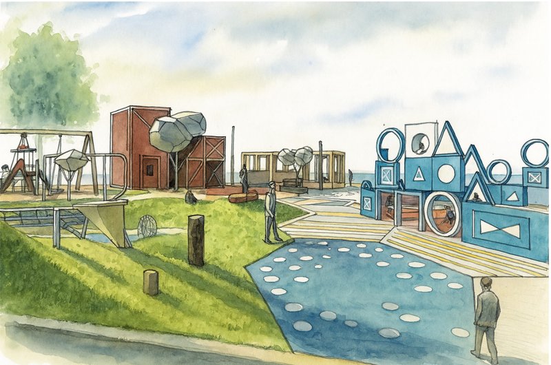 Basketball and football merge with geometric play forms, creating an energetic space for teamwork and active movement.