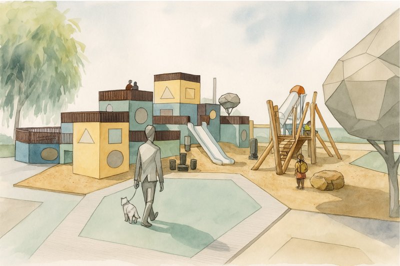 Layered platforms and climbing slides invite curiosity and discovery through shapes, colors, and levels of interaction.