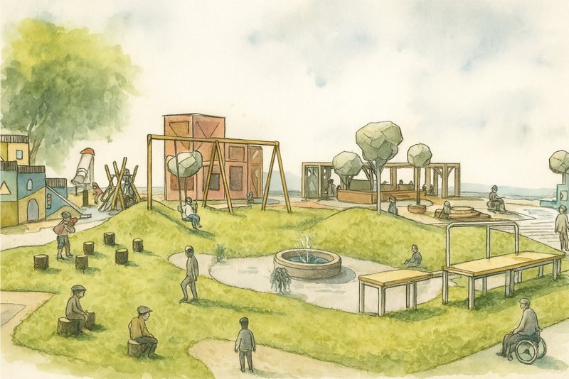 Soft green mounds and a playful fountain shape a sensory landscape for relaxation and social gathering.