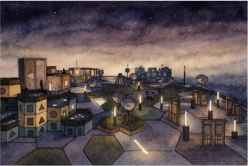 At night, the playground glows with illuminated paths and smart play zones, transforming into a living, interactive landscape.