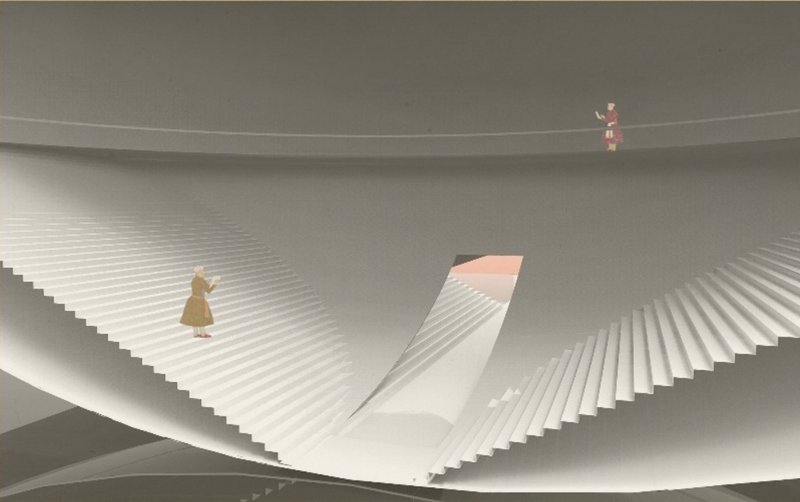Interior view of pleated white surfaces connecting different levels with two figures on separate landings