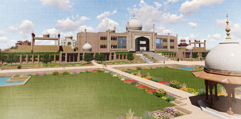 Frontal perspective showing the Mughal-inspired facades, domes, and floral courtyards framing the reflective axis.