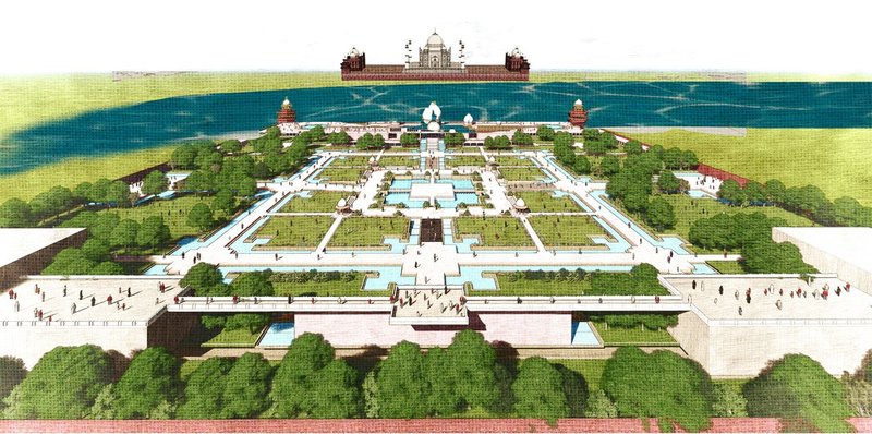 Comprehensive aerial rendering aligning the new garden complex with the Taj Mahal across the Yamuna, symbolizing the union of heritage and landscape.
