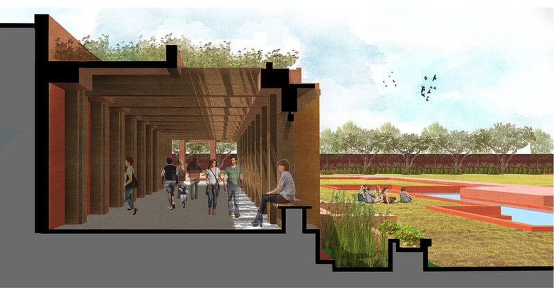 Perspective section of the shaded colonnade connecting indoor galleries to the open gardens and water channels.