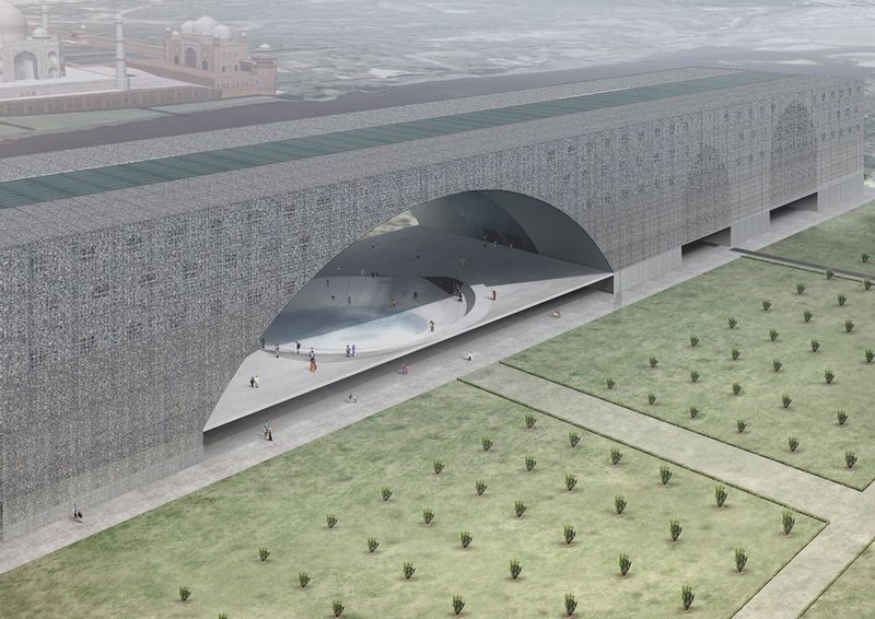 The monumental form of Mirage Gate spans the Yamuna, framing the Taj Mahal and transforming myth into monumental architecture.