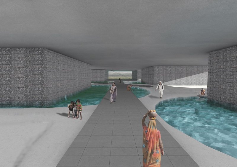 Water channels beneath the structure connect people and landscape, symbolizing the fluid continuity between the Taj and its imagined twin.