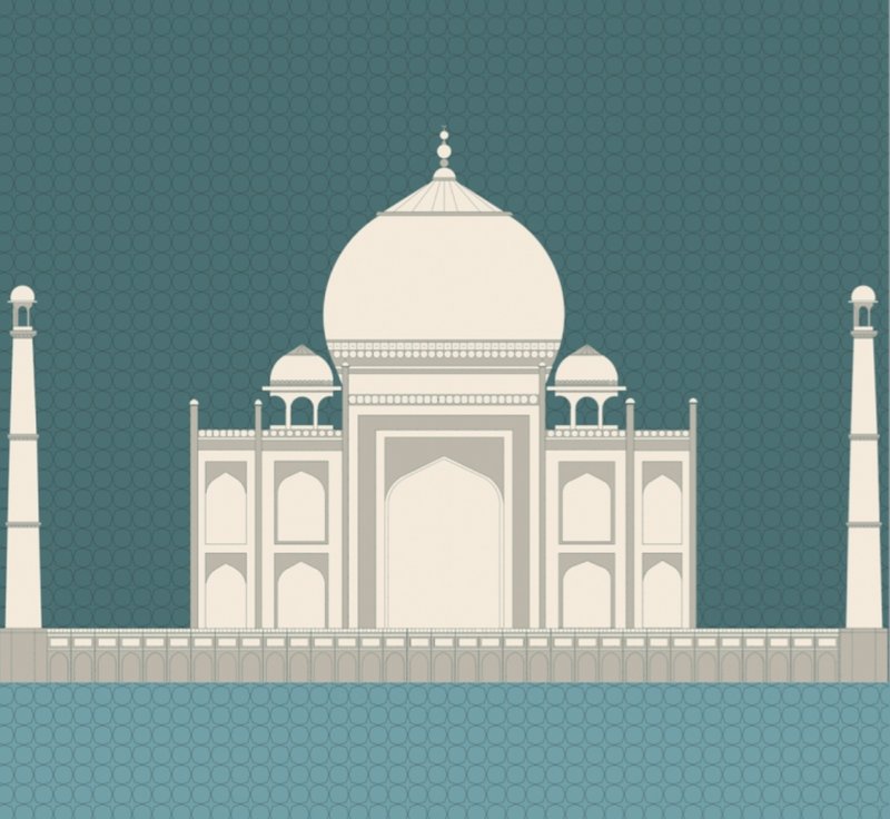 The imagined pavilion of the Black Taj mirrors the Taj Mahal across the Yamuna, reviving the geometry of Mehtab Bagh.