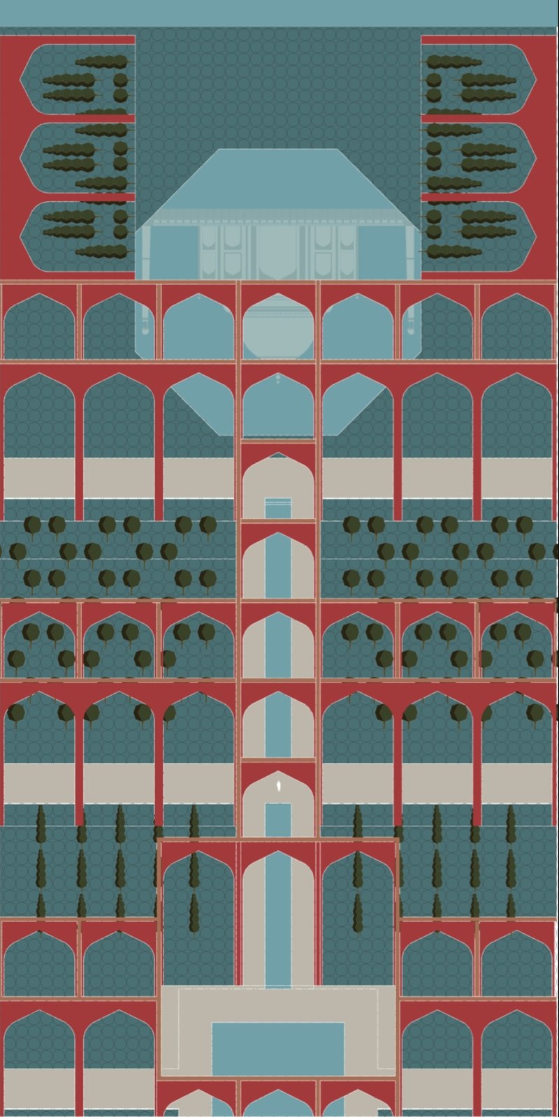 A precise architectural visualization aligning the pavilion with the Taj to create a seamless axis of reflection and symmetry.