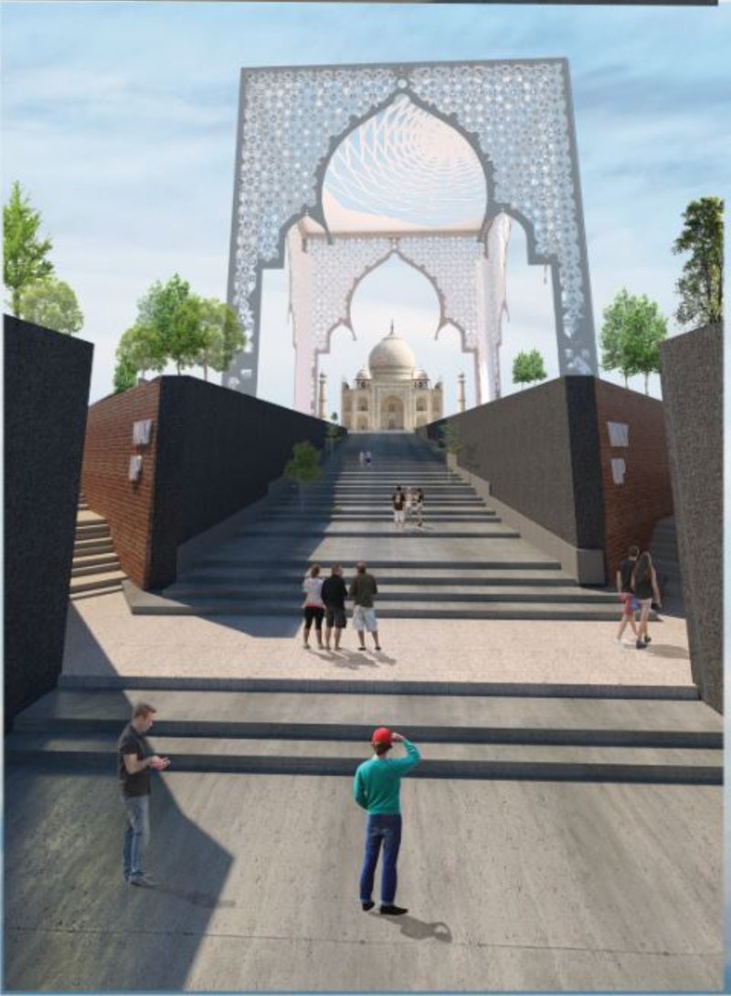 Earth-bermed performance arena merging geometry, greenery, and acoustics.