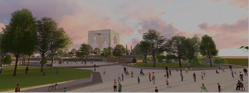 A lively pedestrian plaza that connects people, nature, and the Taj Mahal’s visual axis.