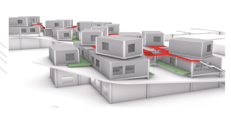 Close-up perspective showing stacked modular units connected through elevated red walkways.