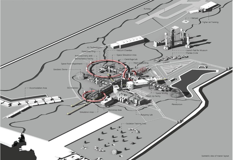 A comprehensive isometric layout showcasing the spatial organization of the Astronaut Training Facility and its diverse functional zones.
