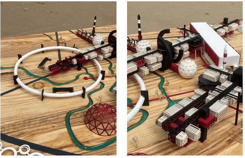 Close-up views of modular clusters and dome structures illustrating the adaptive, reconfigurable spatial systems of the facility.