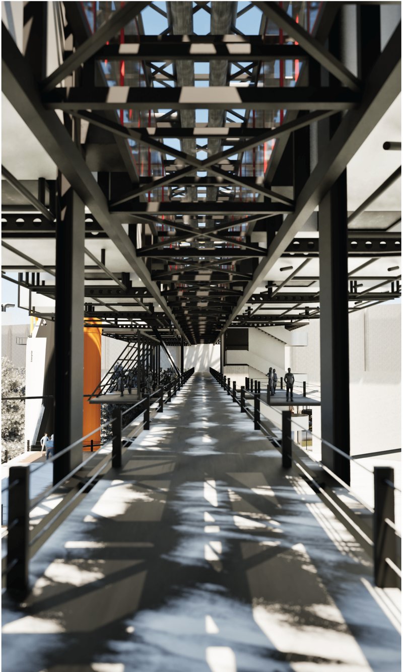 A linear circulation bridge framed in steel trusses, emphasizing modular connectivity and human scale within futuristic architecture.