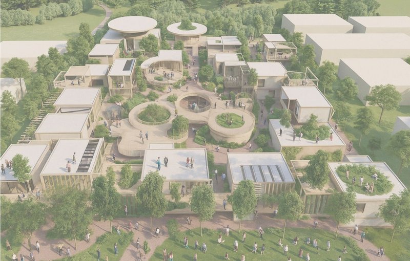 Aerial view of Sylva Village showcasing modular eco-housing, rooftop gardens, and interconnected green pathways.