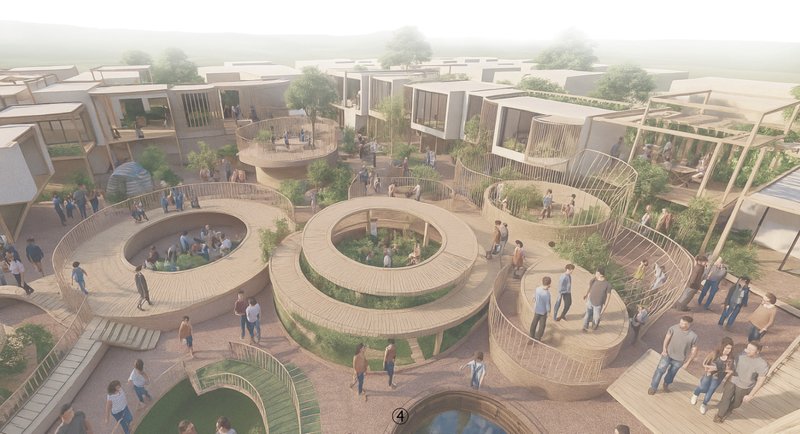 Central courtyards designed as social nodes integrate nature, light, and community interaction across all levels.