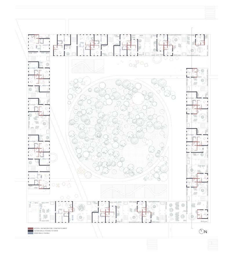Full floor plan showcasing modular apartments arranged around the central green core.