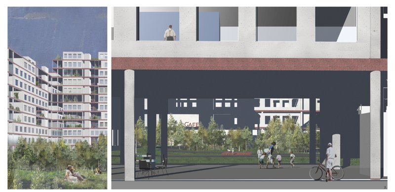 Close-up view of the stepped façade with integrated greenery and balconies.