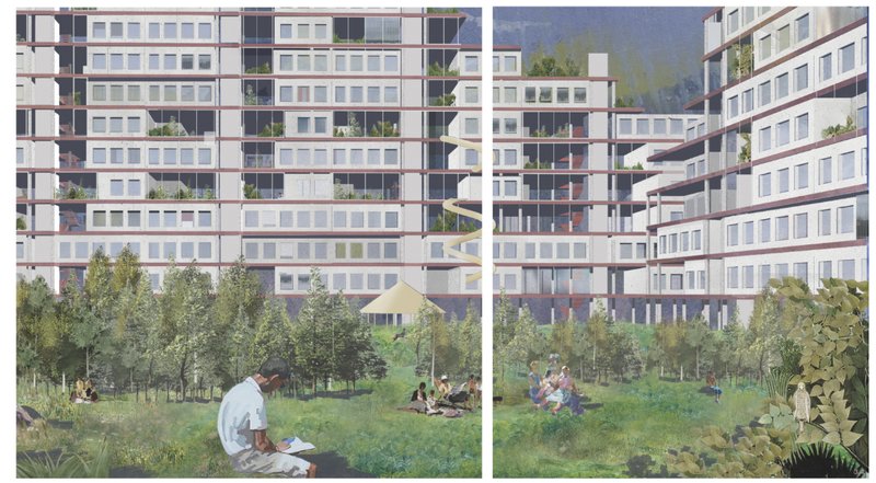 Residential façade with layered balconies overlooking the shared green.