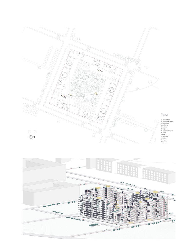 Axonometric view of the modular residential block with stepped terraces.