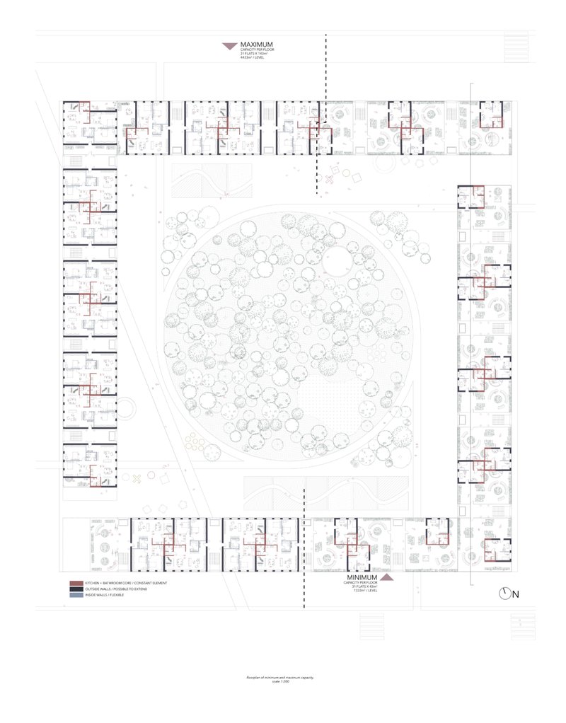 Floor plan illustrating minimum and maximum residential layouts around the courtyard.