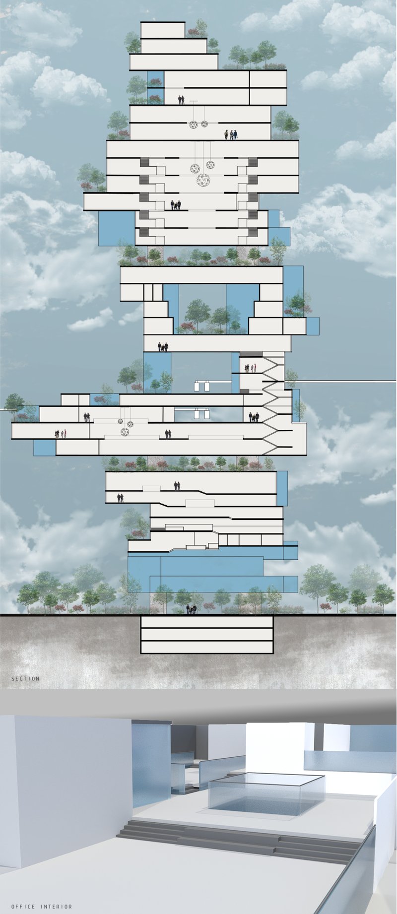 Sectional view showcasing dynamic floor variations, vertical circulation, and integrated sky gardens.