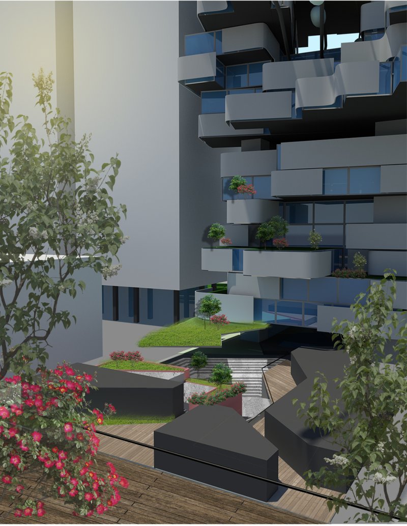 Terraced green podiums create lush urban courtyards between stacked modular volumes.