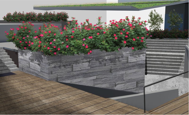 Ground-level landscape pockets with textured stone planters enhance the building’s pedestrian realm.