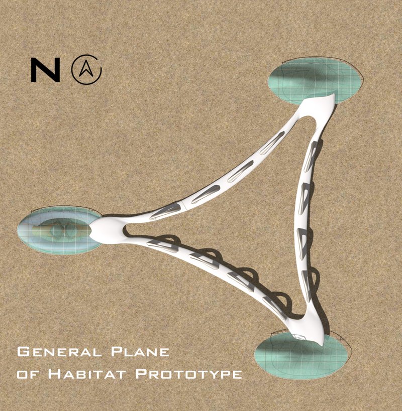 A top-view diagram of the Klein-bottle-inspired habitat prototype showcasing its tri-node structural network and desert-adaptive spatial geometry.