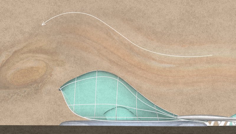 A sectional illustration revealing how the architectural shell blends into the desert terrain while guiding airflow through its aerodynamic form.