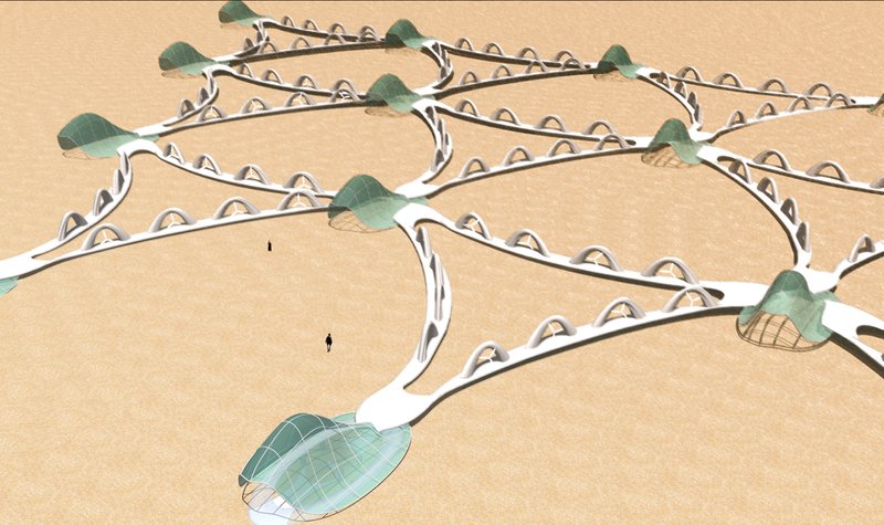 A perspective view of the expanded settlement system, displaying a network of interconnected Klein units across the desert surface.