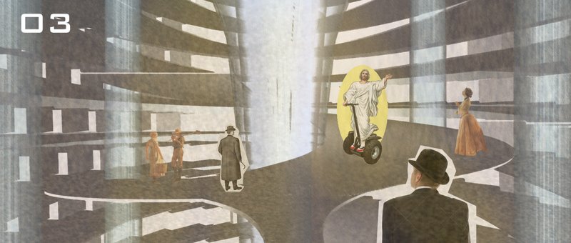 An atmospheric interior scene highlighting the spiral circulation ramp and layered residential rings inside the cylindrical core.