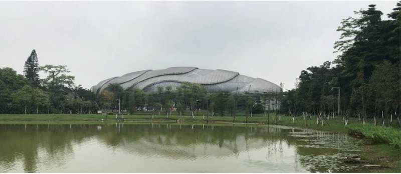 The serene lakefront view at Guangzhou University Town — the site envisioned for the “Life Stage” project.