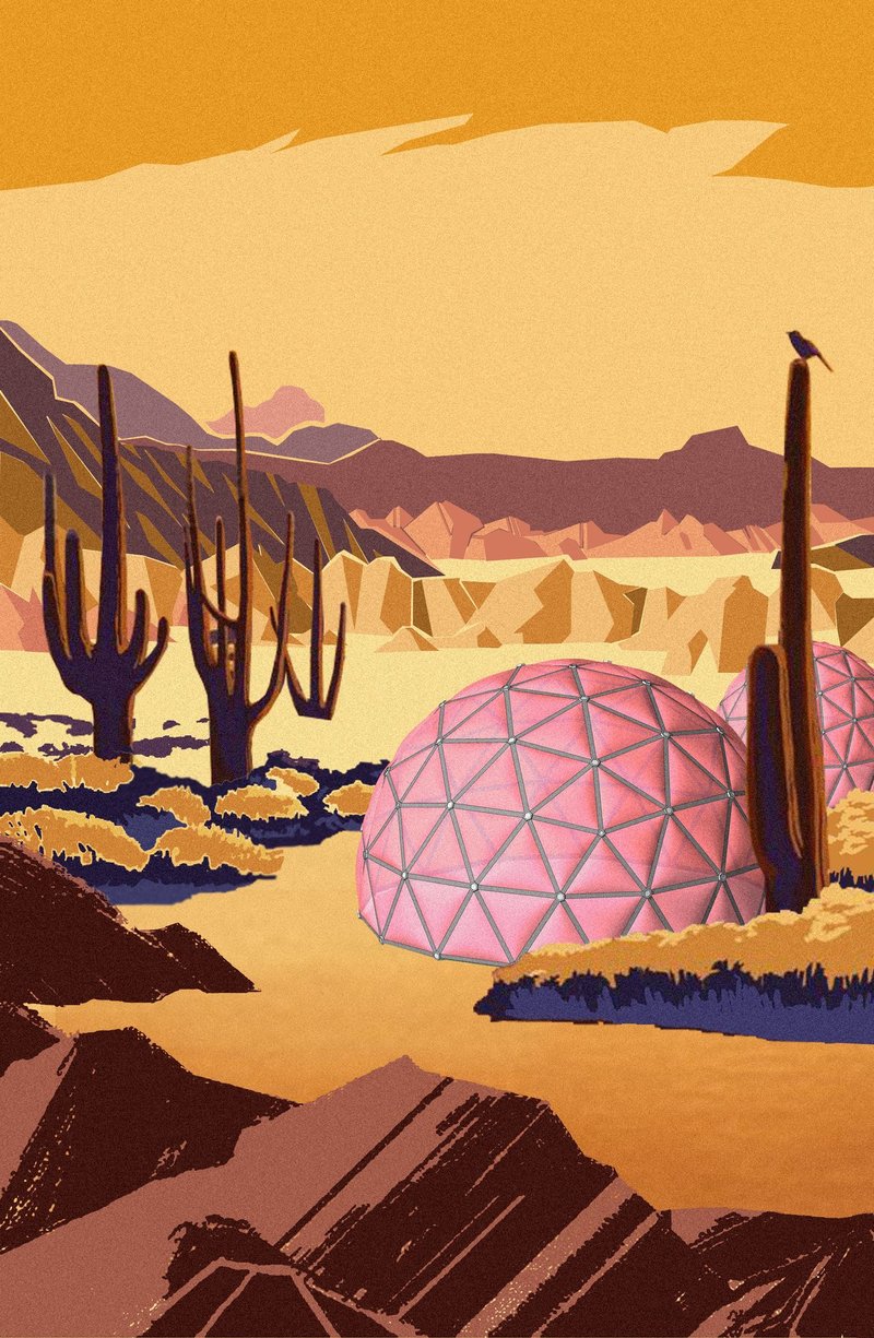 Movable geodesic dome adapting to desert contours and microclimates.