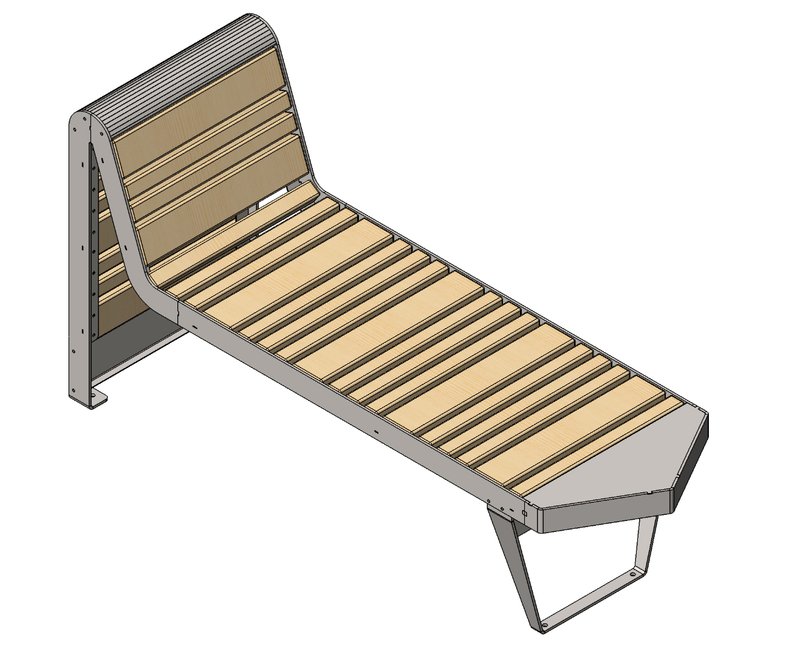 A modern outdoor bench combining metal structure and wooden detailing for ergonomic comfort.