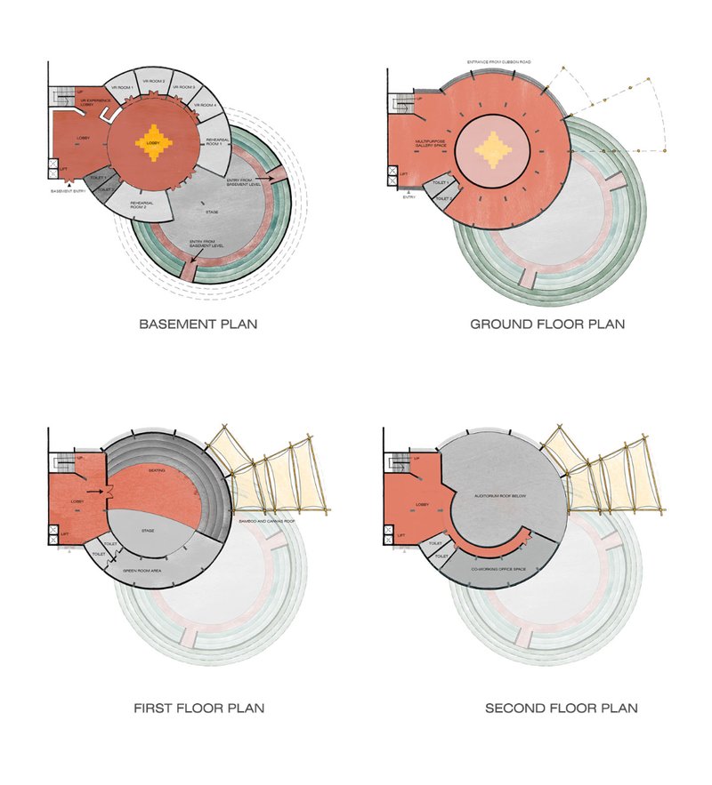 From basement to rooftop, circular layouts integrate immersive VR zones and flexible co-working spaces.