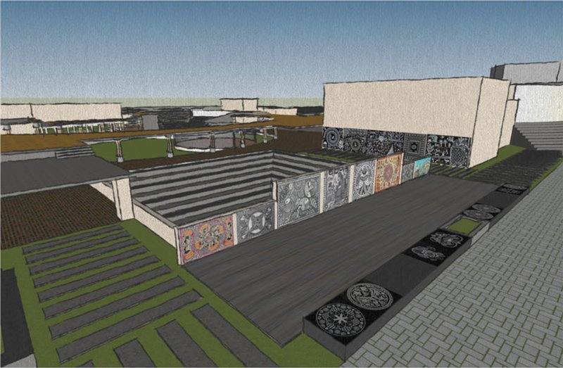 A pedestrian promenade lined with dynamic Madhubani and Warli art walls that evolve with community participation.