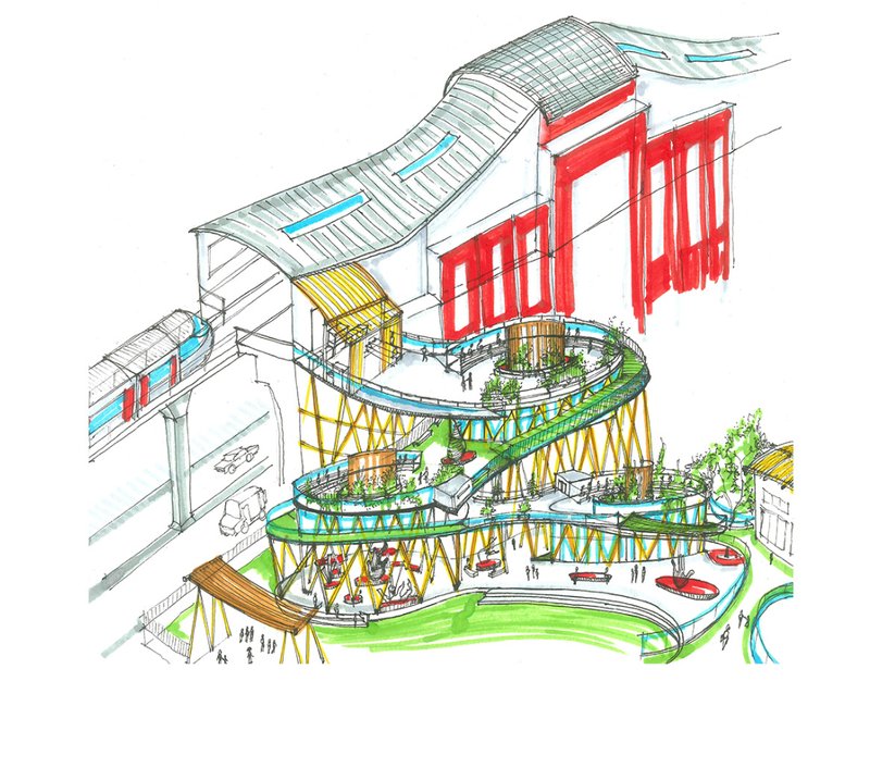 The elevated ramp connects the MG Road Metro to a public art deck, making culture an everyday encounter.