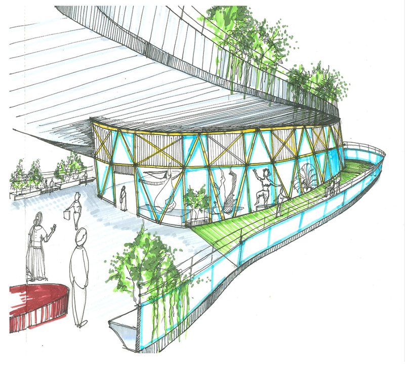 Light, transparency, and greenery define this experiential space, merging art, architecture, and movement.